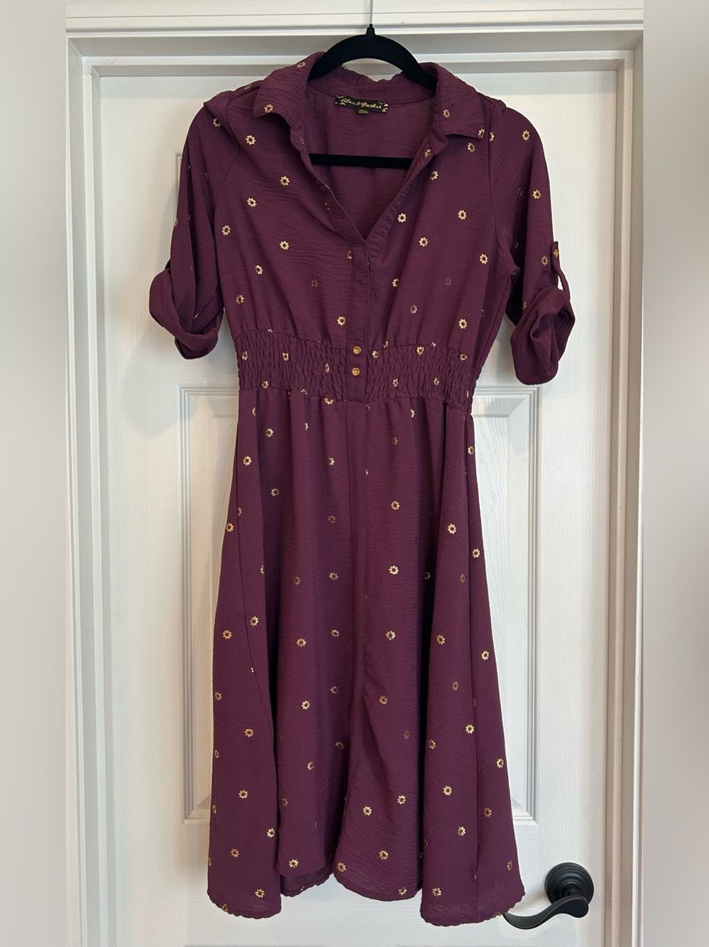 Plum Floral-Print Midi Dress with Button Front